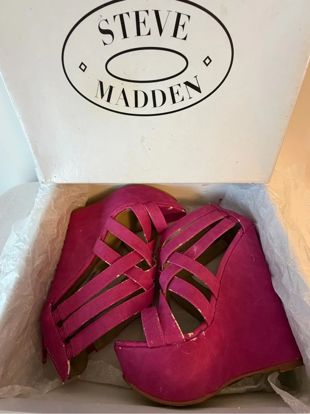 Steve Madden Fuschia Suede Strappy Wedge Heels